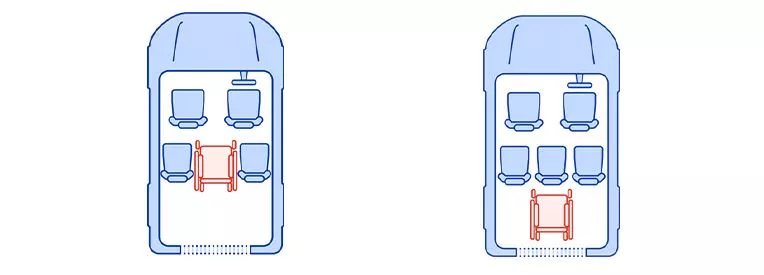 Two illustrations of the interior of a WAV, one with four seats and a wheelchair space, the other with five seats and a wheelchair space