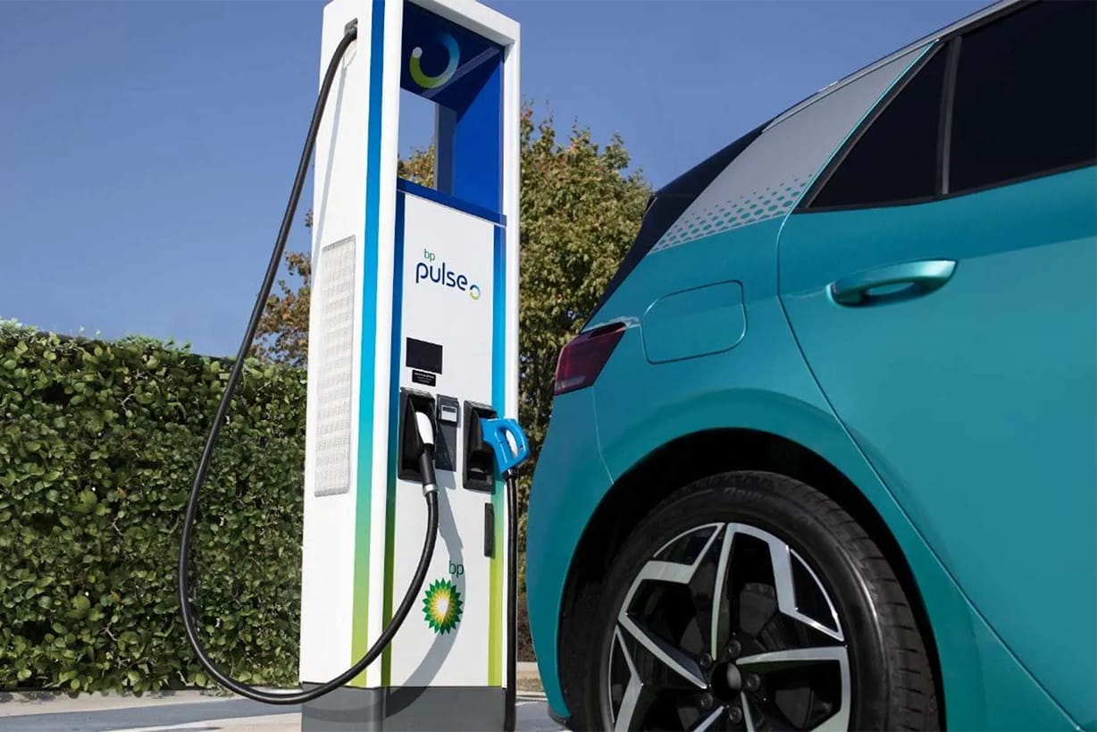 A bp pulse charge point charging an electric vehicle